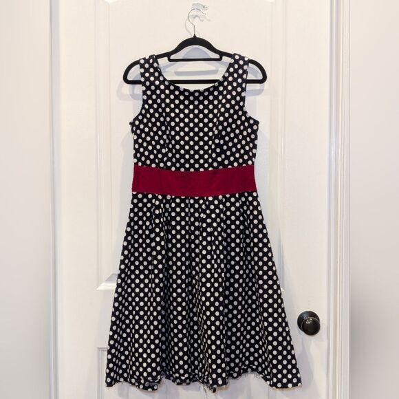 Miusol Navy Polka Dot Dress Large Red Waist Summer Party New Nautical July 4th - Picture 2 of 9